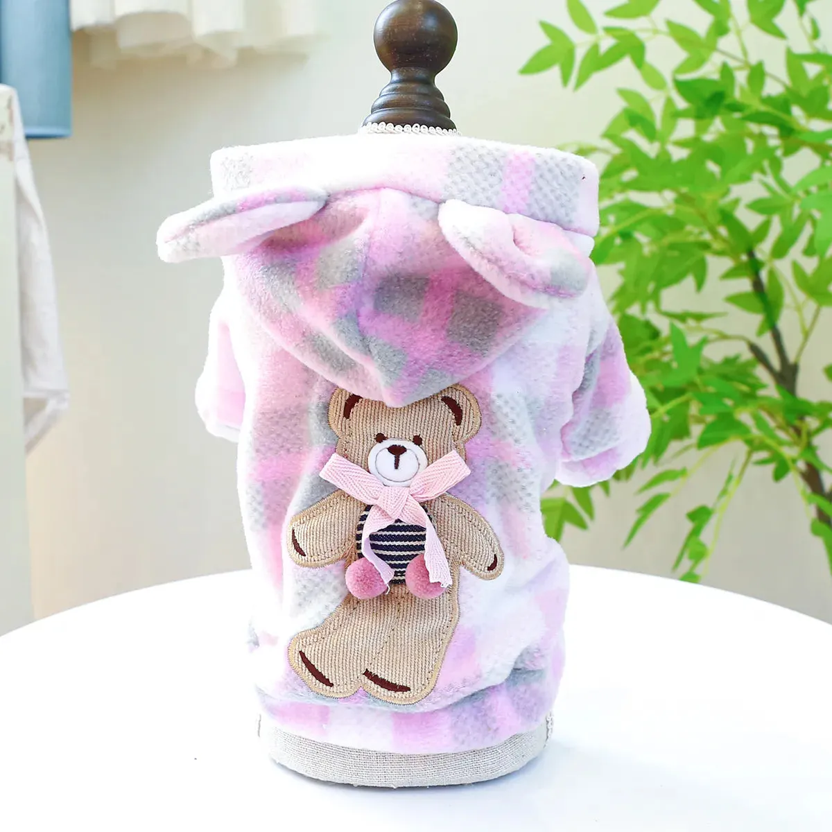 Adorable Winter Charm: Pink Plaid Bear Ears Hooded Coat with Drawstring Buckle for Small to Medium Dogs - Stylish Warmth for the Season