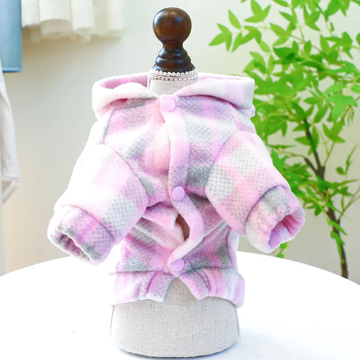 Adorable Winter Charm: Pink Plaid Bear Ears Hooded Coat with Drawstring Buckle for Small to Medium Dogs - Stylish Warmth for the Season