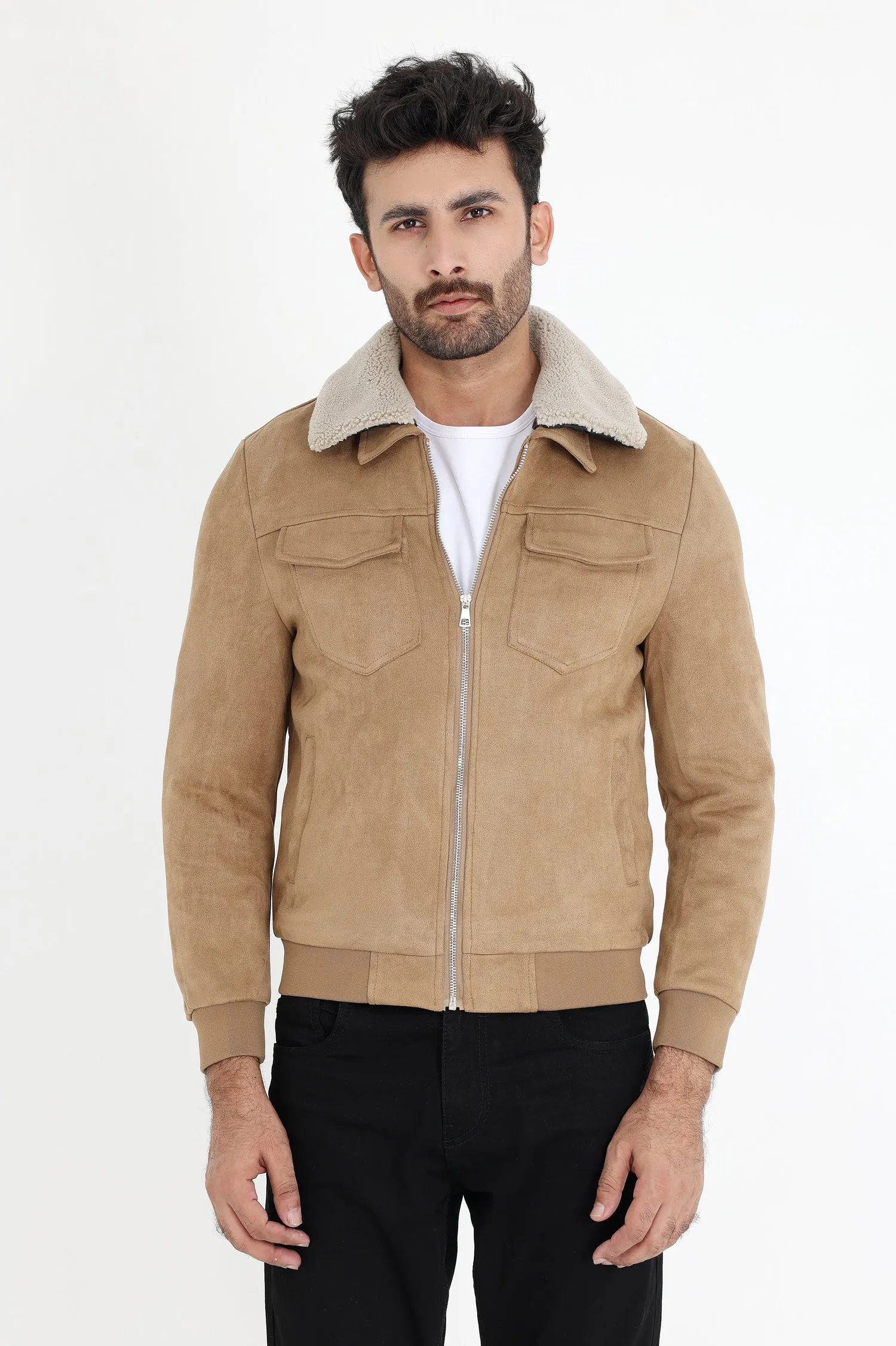 ALMAS URBAN SUEDE JACKET WITH FUR COLLAR-KHAKI