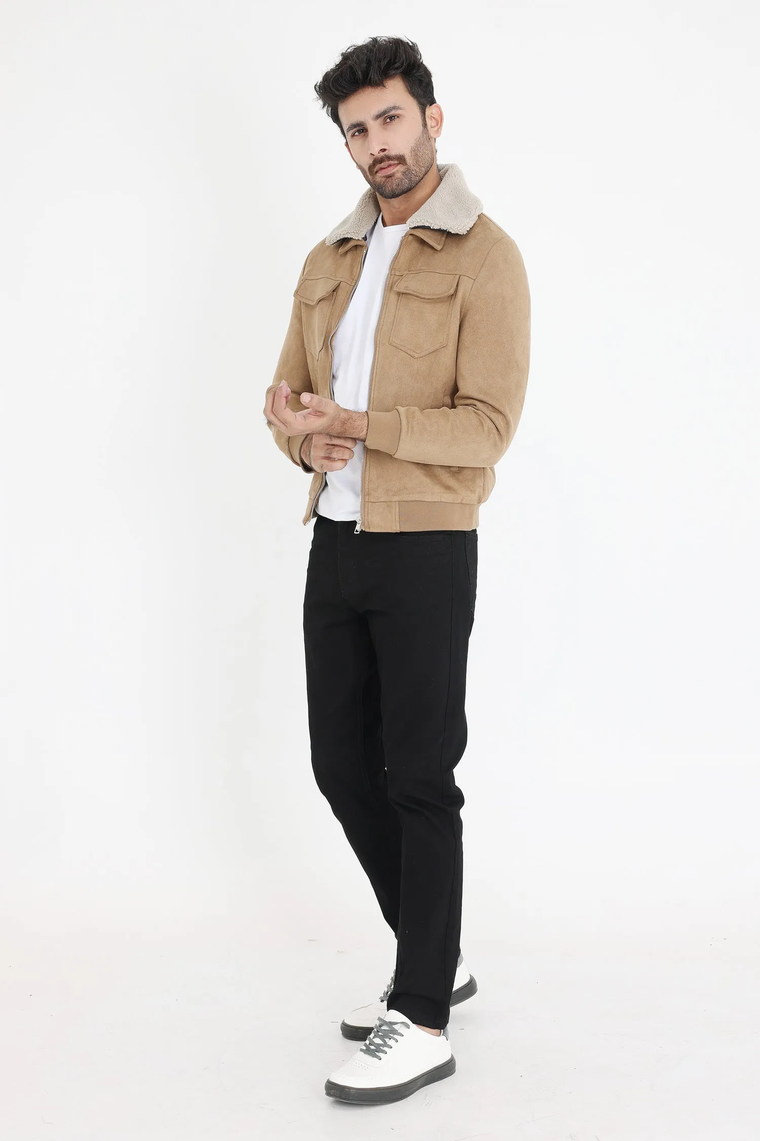 ALMAS URBAN SUEDE JACKET WITH FUR COLLAR-KHAKI