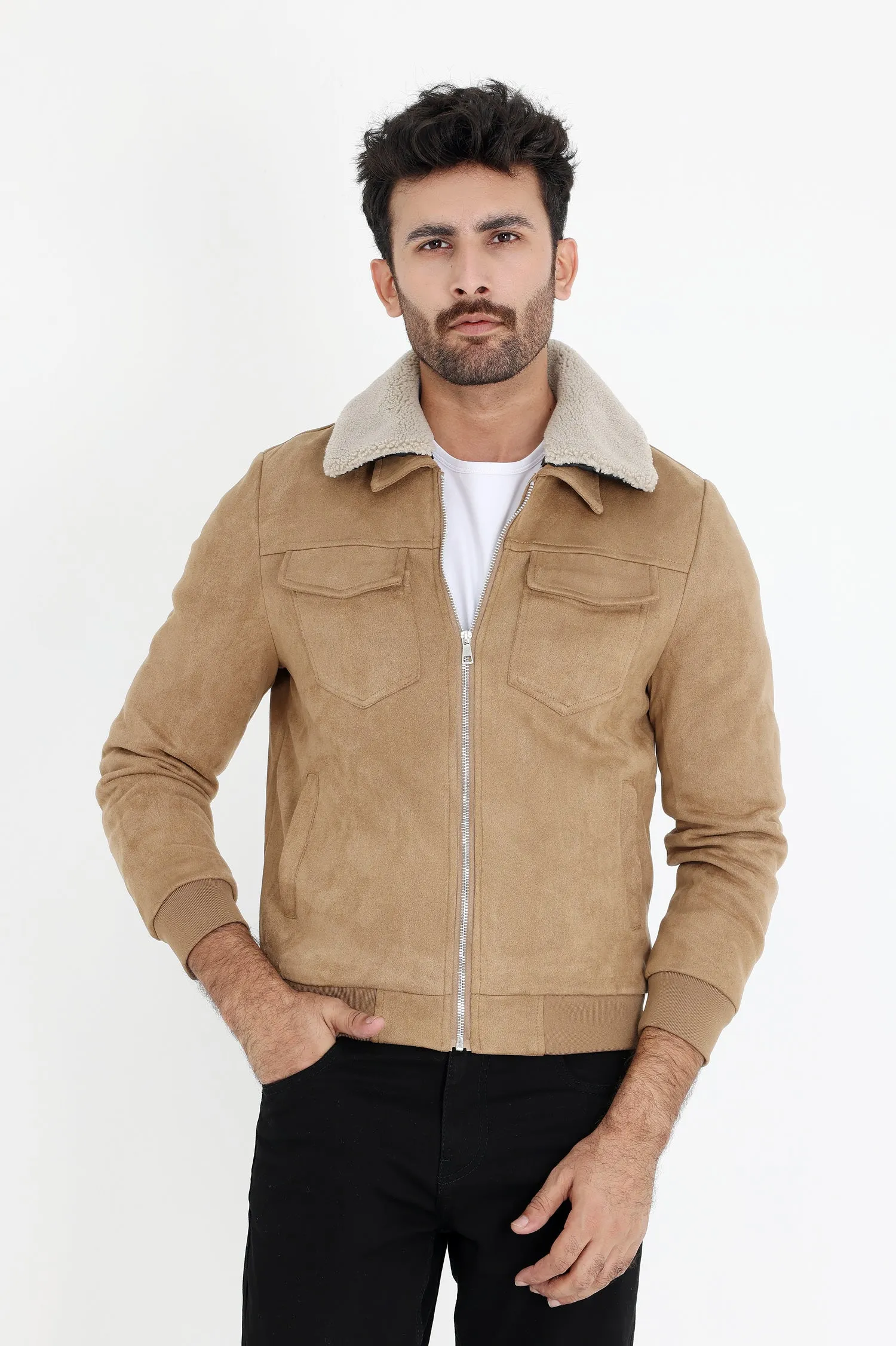 ALMAS URBAN SUEDE JACKET WITH FUR COLLAR-KHAKI