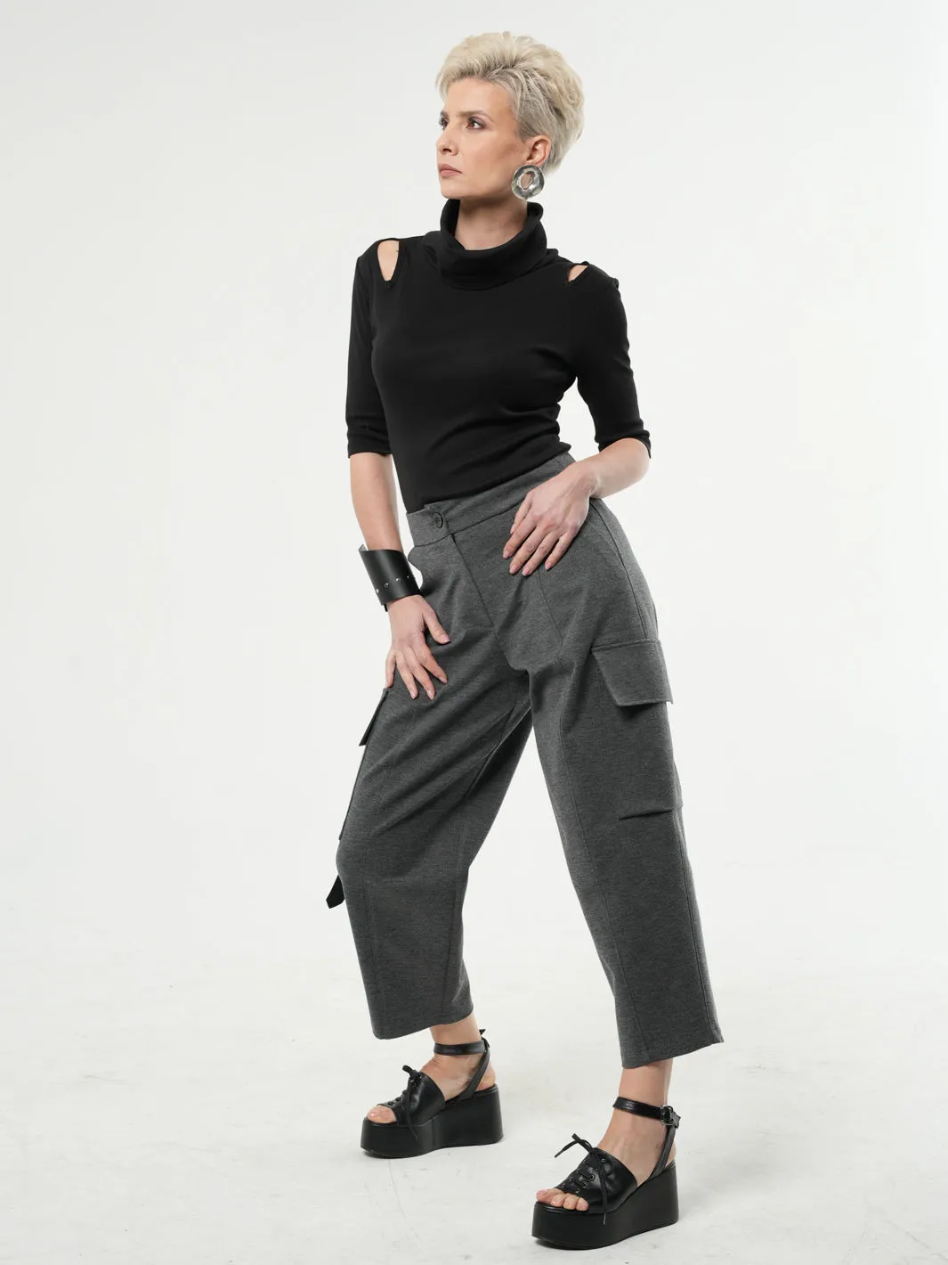 Ankle-Length Gray Cargo Pants