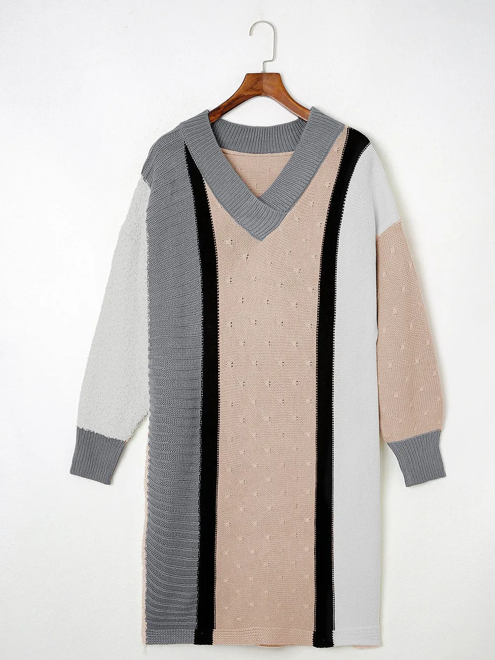 Apricot Boucl Color Block V-Neck Plus Size Sweater Dress