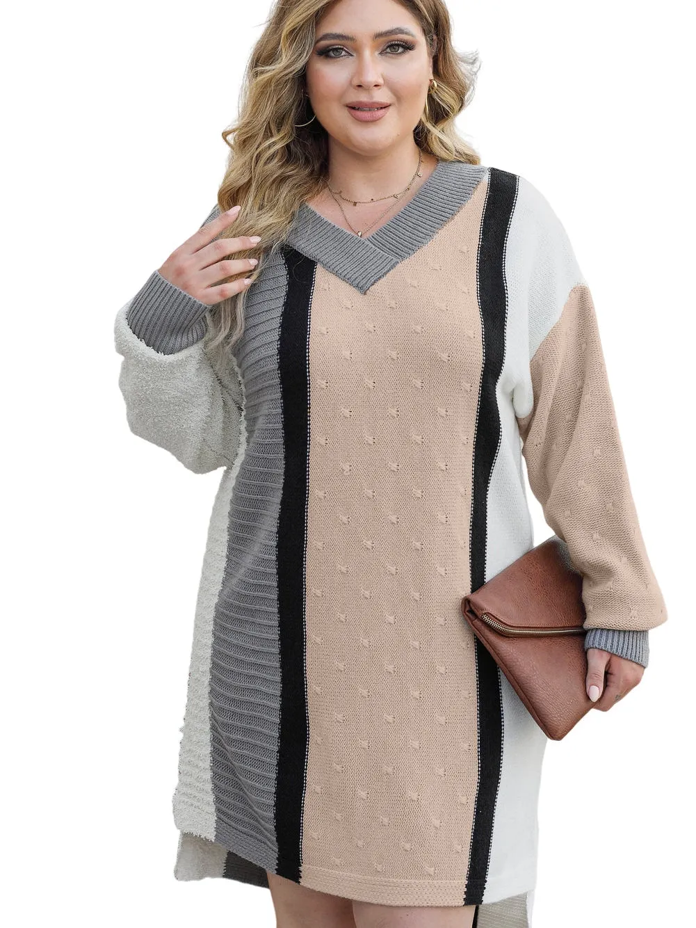 Apricot Boucl Color Block V-Neck Plus Size Sweater Dress