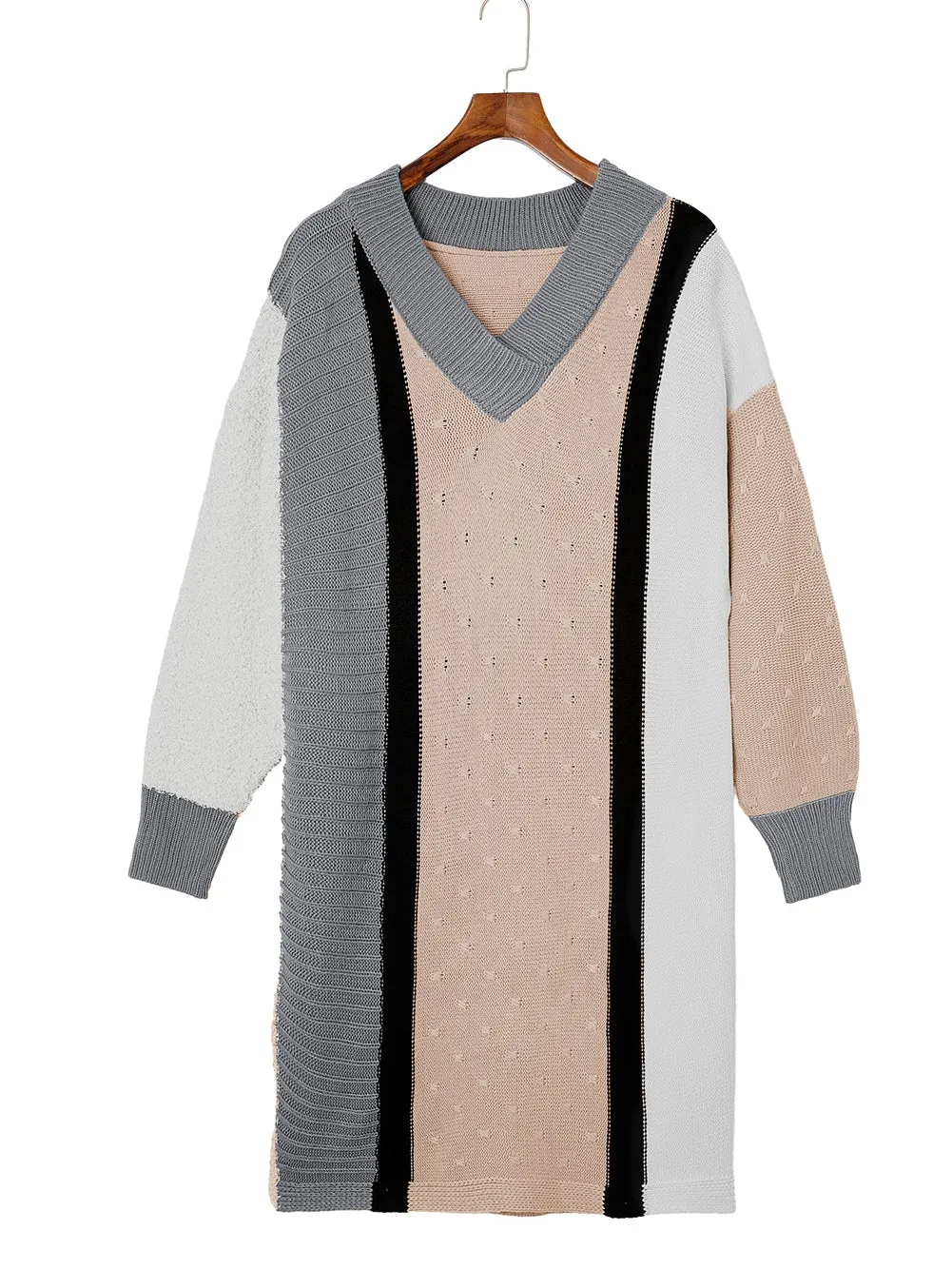 Apricot Boucl Color Block V-Neck Plus Size Sweater Dress