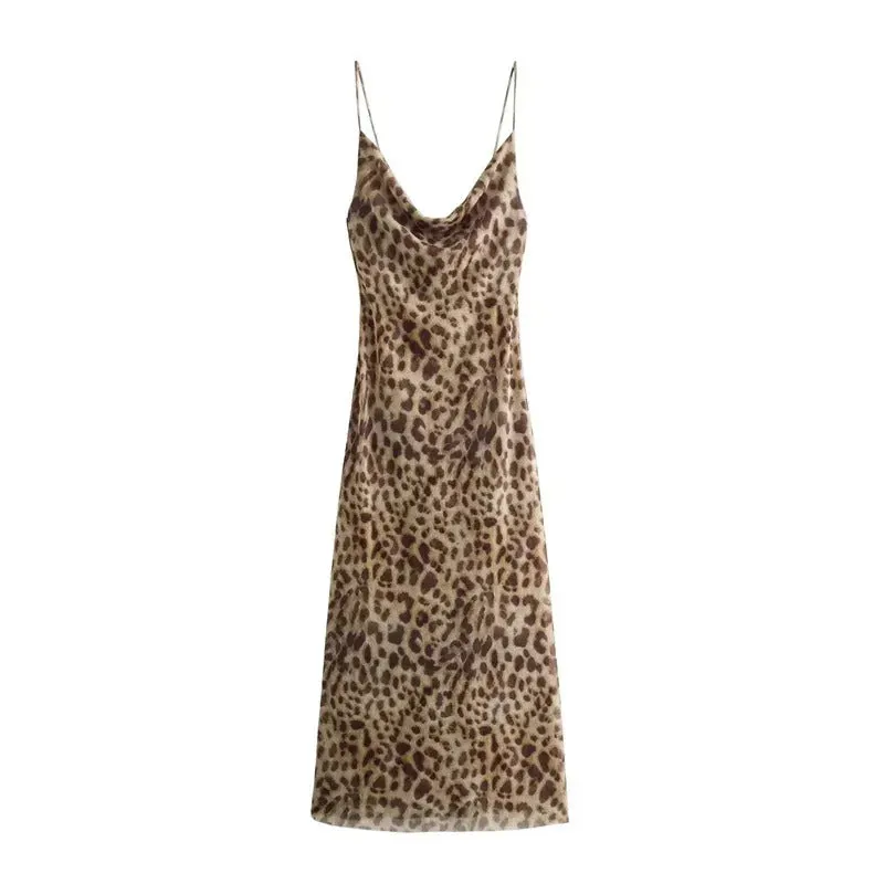 ASDS Leopard Print Long Dress Women Tulle Backless Slip Dress Woman Summer Sexy Holiday Dresses 2024 Vintage Midi Party Dresses