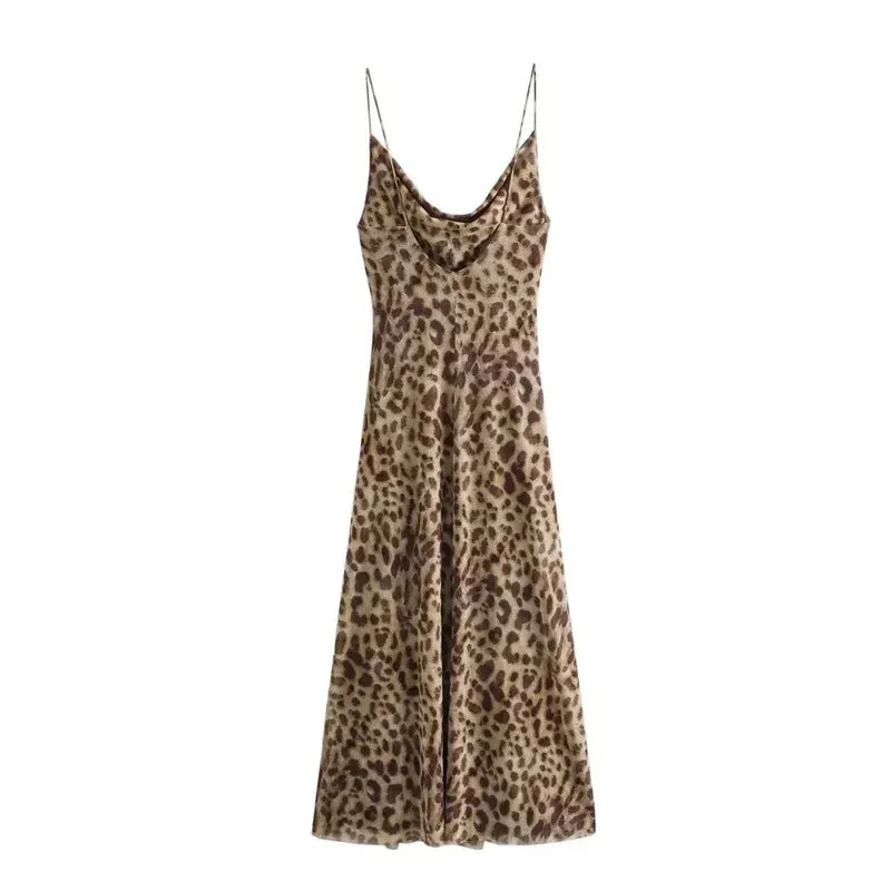 ASDS Leopard Print Long Dress Women Tulle Backless Slip Dress Woman Summer Sexy Holiday Dresses 2024 Vintage Midi Party Dresses