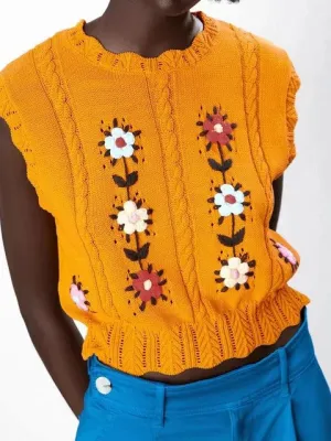 Ashoreshop Boho Women Knitted Vest Floral Hand Embroidery Sweater