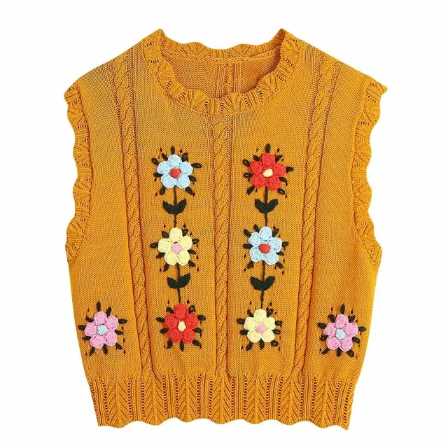 Ashoreshop Boho Women Knitted Vest Floral Hand Embroidery Sweater