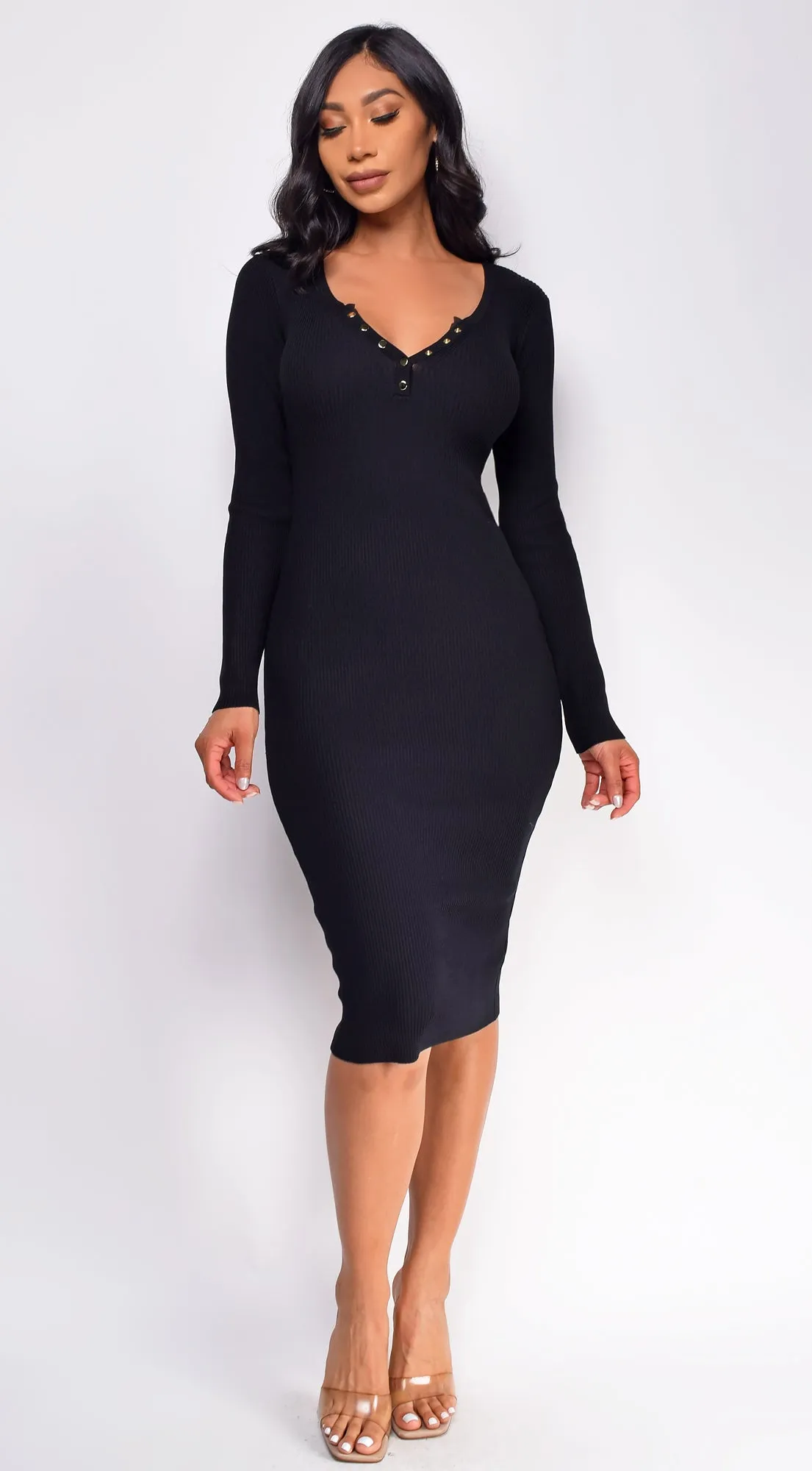 Aura Button Ribbed Midi Dress - Black