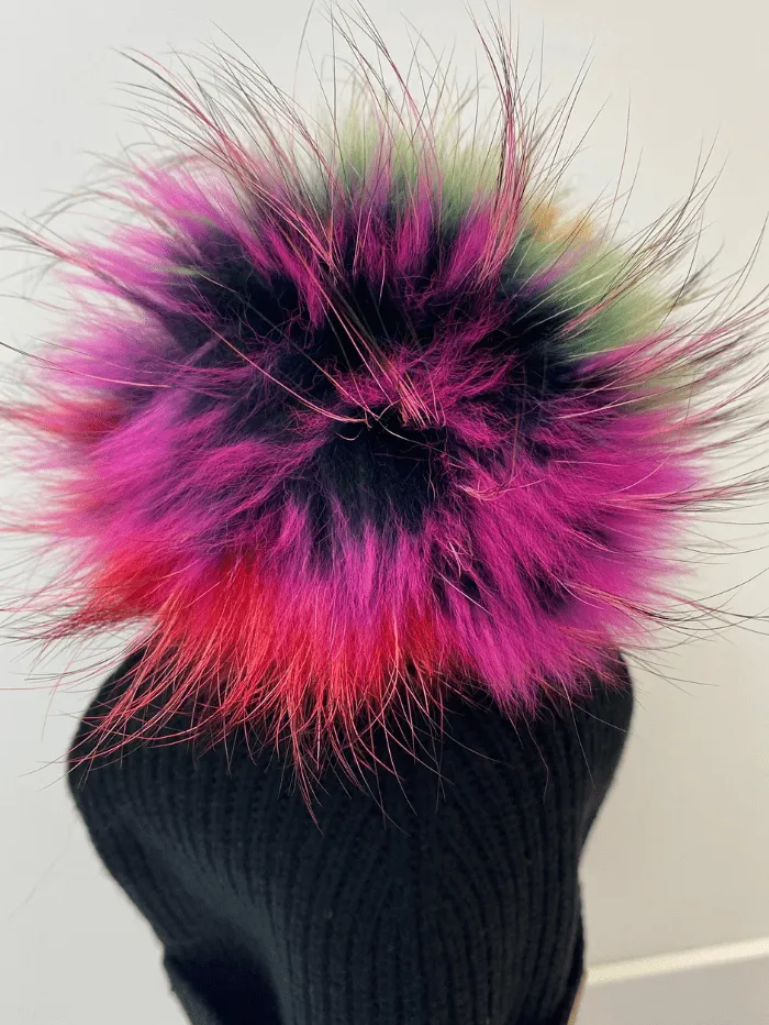 BKLYN S Wool Beanie Black Hat Orange & Pink Pom Pom