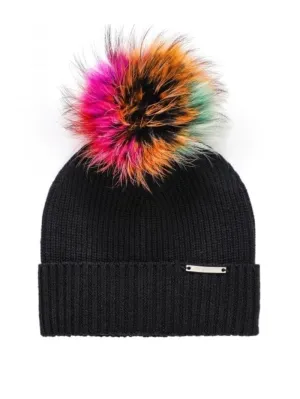 BKLYN S Wool Beanie Black Hat Orange & Pink Pom Pom