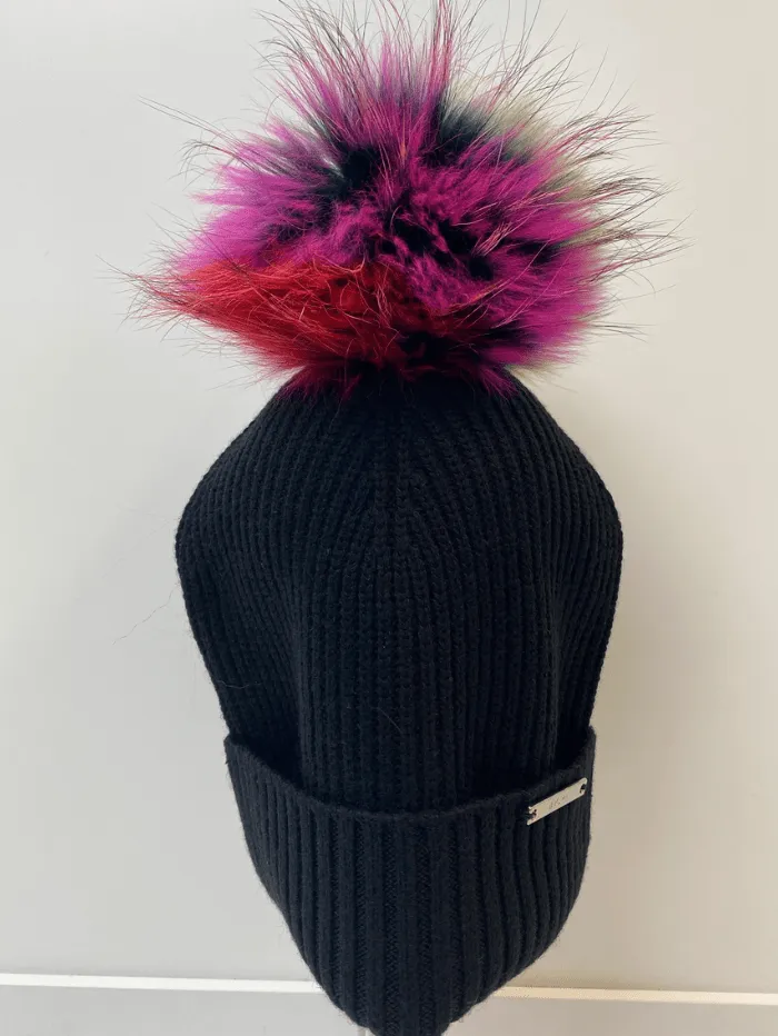 BKLYN S Wool Beanie Black Hat Orange & Pink Pom Pom