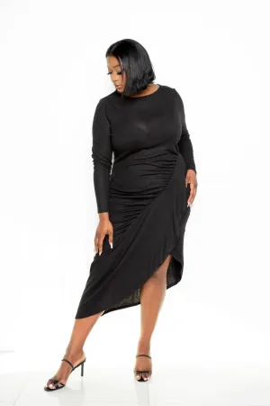 Black Asymmetrical Sweater Dress With Waterfall Ruffle_