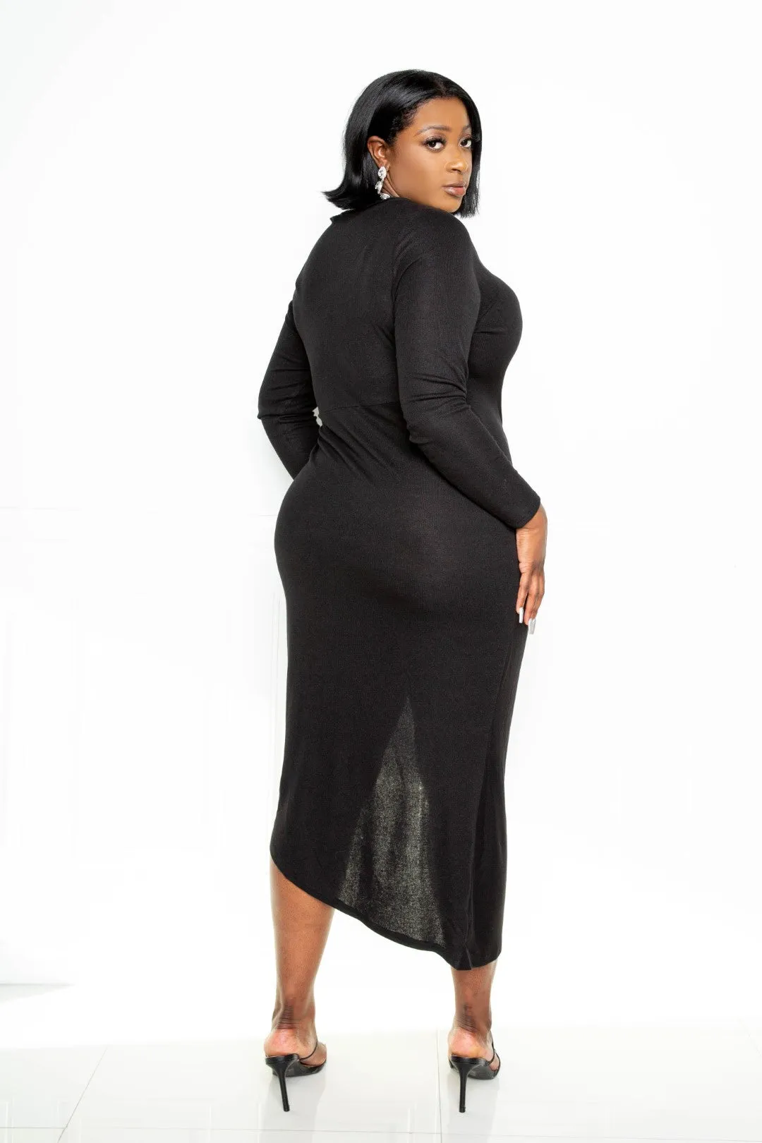 Black Asymmetrical Sweater Dress With Waterfall Ruffle_