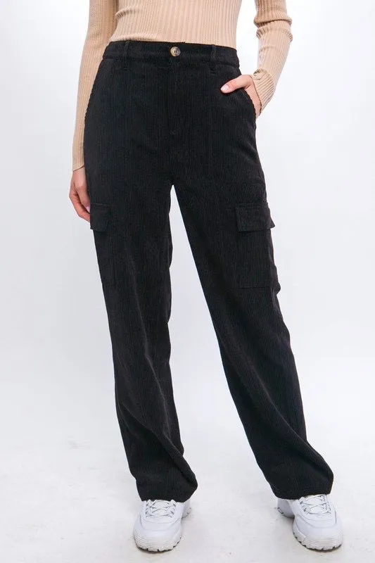 Black Corduroy Cargo Pants w/Pockets