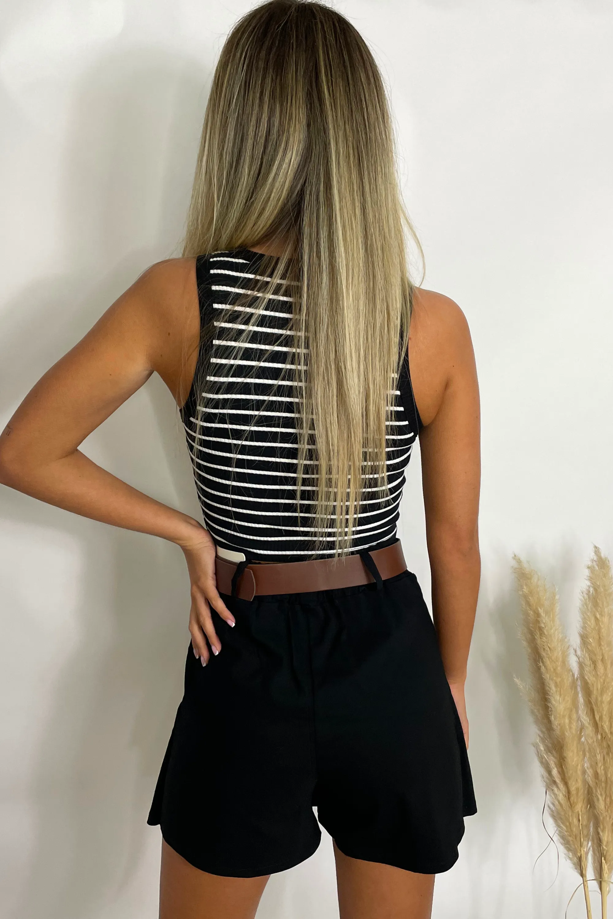 Black Monochrome Stripe Crop Tops