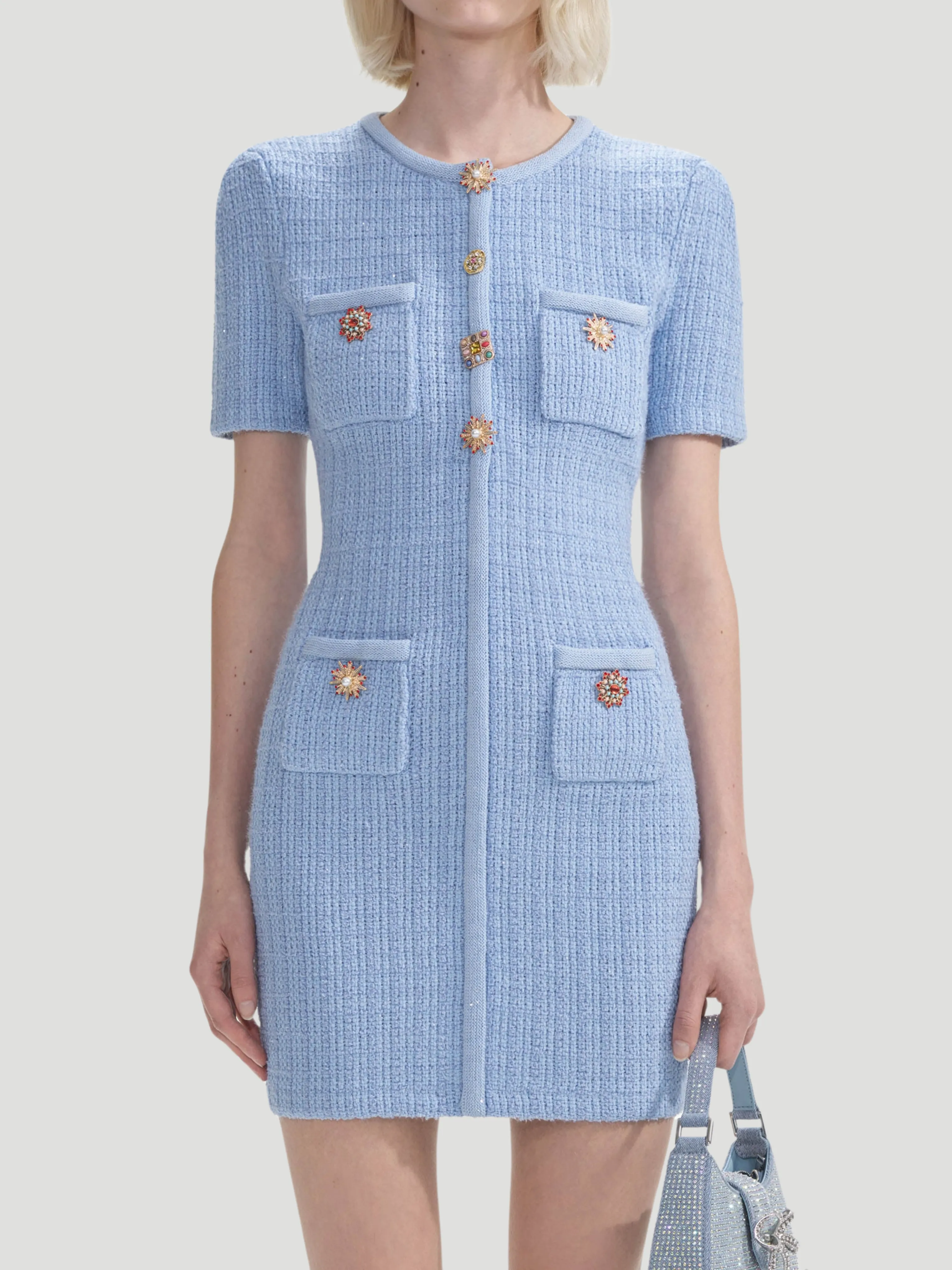 Blue Jewel Button Knit Mini Dress