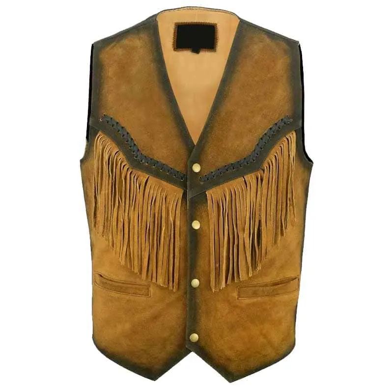 Brown Suede Cowboy Leather Vest for Men with Stylish Fringe