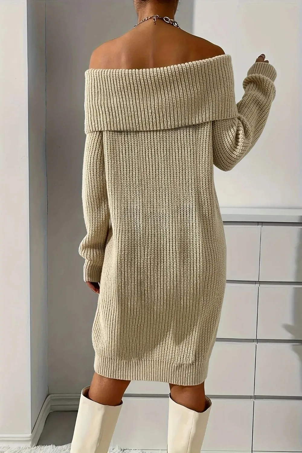 Cable Knit Off Shoulder Sweater Dress