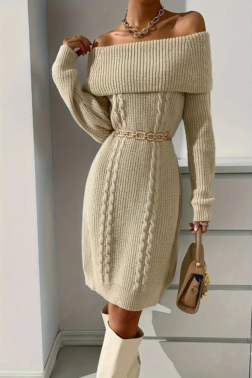 Cable Knit Off Shoulder Sweater Dress