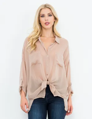 Cargo Button Down Tie Top, Khaki