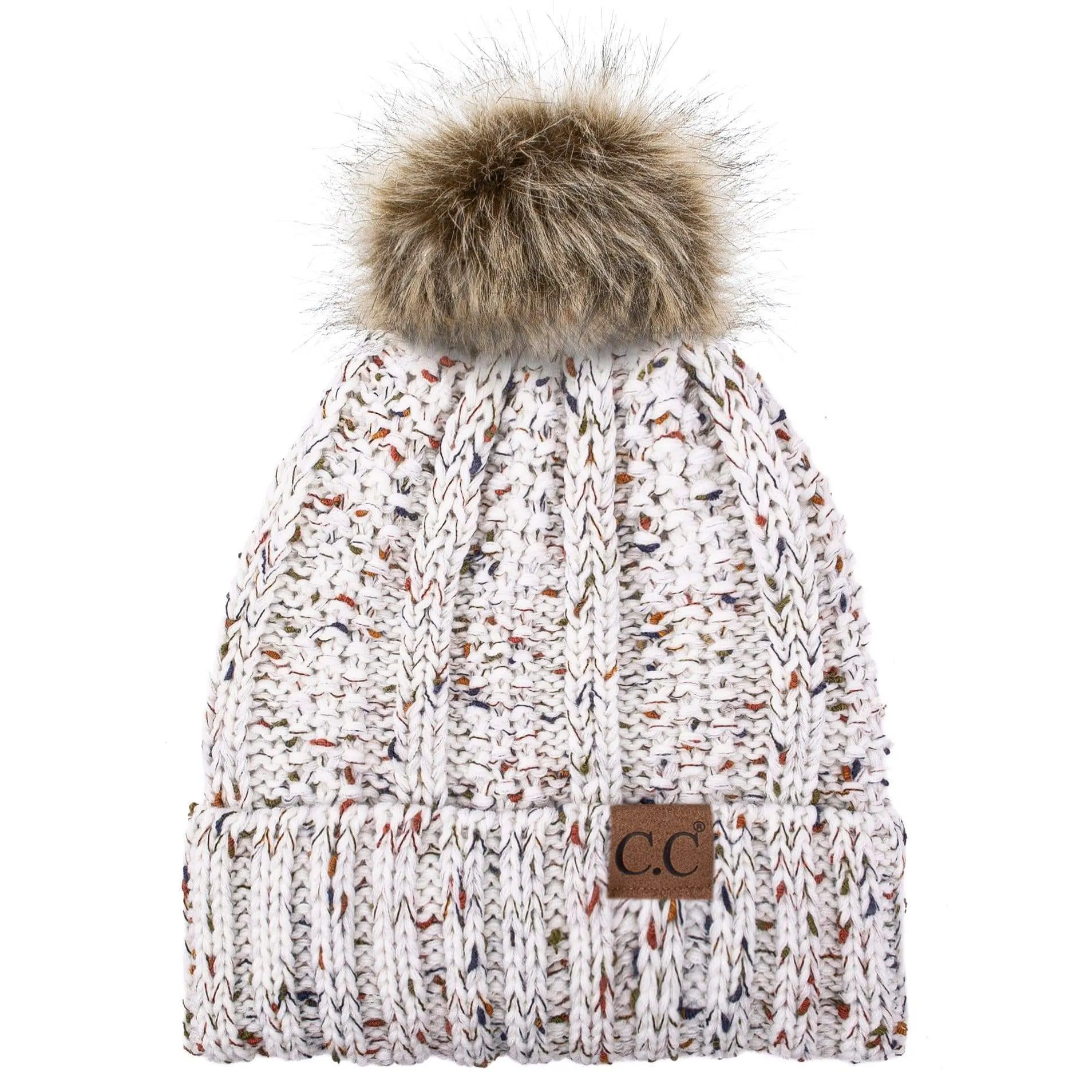 C.C YJ820 - Thick Cable Knit Hat Faux Fur Pom Pom Fleece Lined Confetti Skull Cap Cuff Beanie