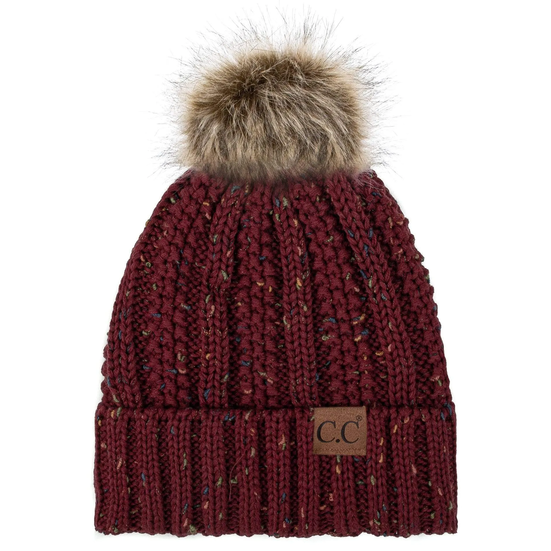 C.C YJ820 - Thick Cable Knit Hat Faux Fur Pom Pom Fleece Lined Confetti Skull Cap Cuff Beanie