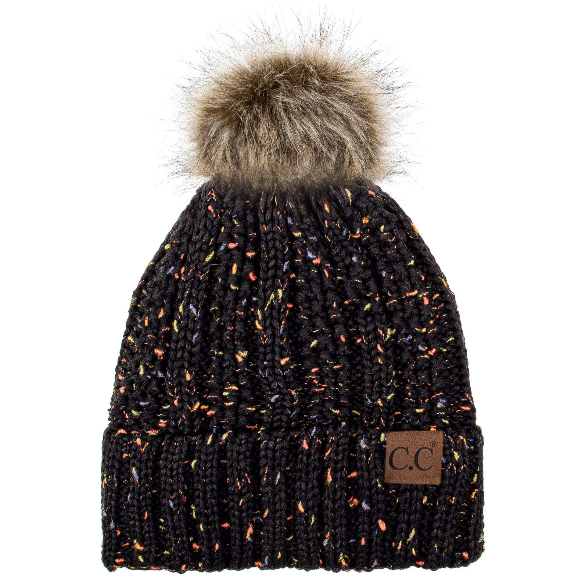 C.C YJ820 - Thick Cable Knit Hat Faux Fur Pom Pom Fleece Lined Confetti Skull Cap Cuff Beanie