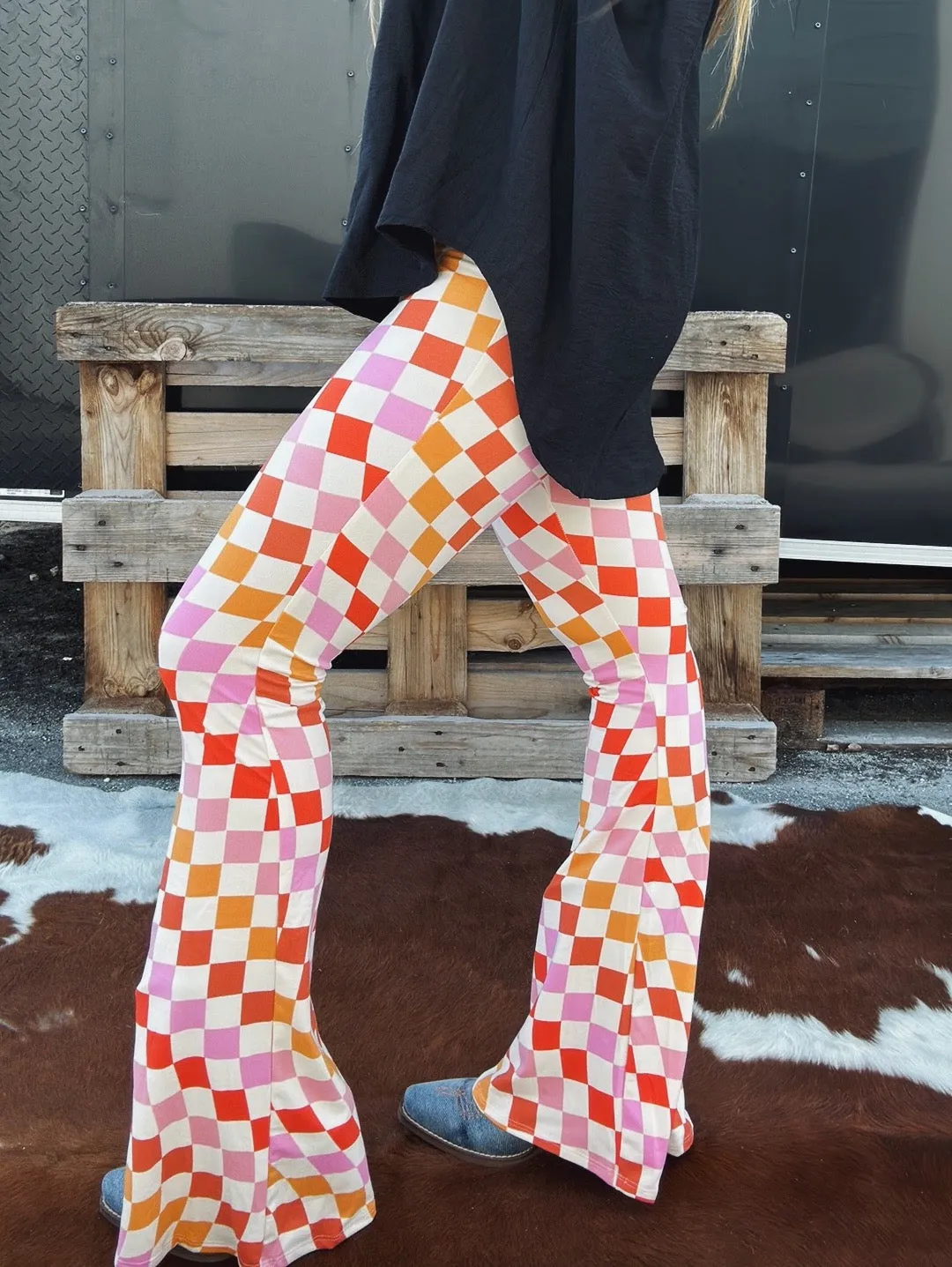 Check Me Out Multi Color Checkerboard Print Bell Bottom Flare Pants