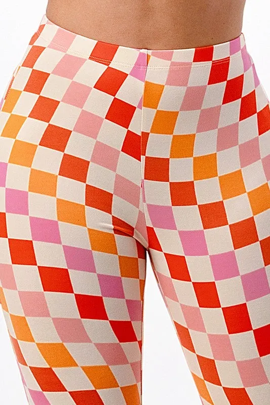 Check Me Out Multi Color Checkerboard Print Bell Bottom Flare Pants