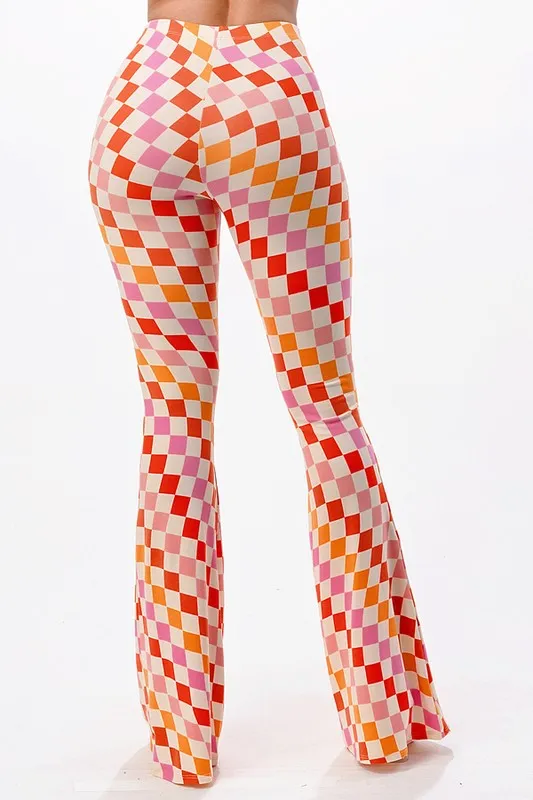 Check Me Out Multi Color Checkerboard Print Bell Bottom Flare Pants