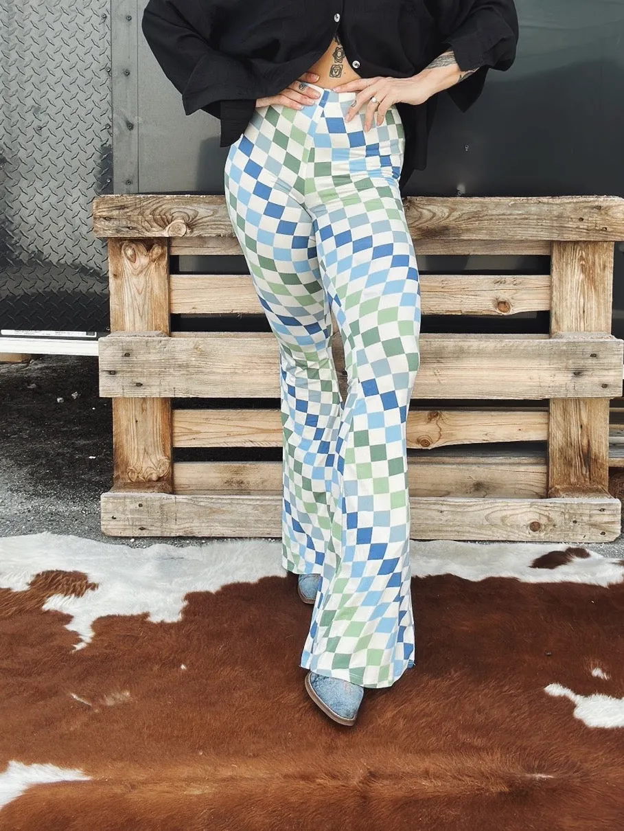 Check Me Out Multi Color Checkerboard Print Bell Bottom Flare Pants