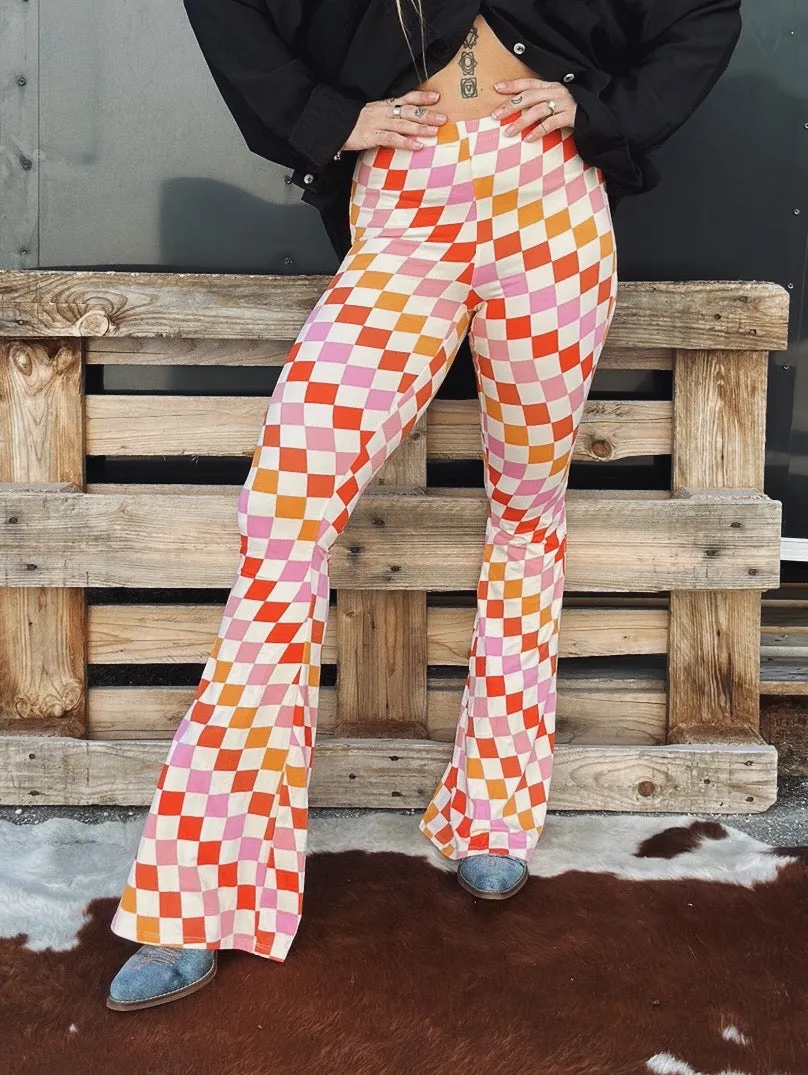 Check Me Out Multi Color Checkerboard Print Bell Bottom Flare Pants