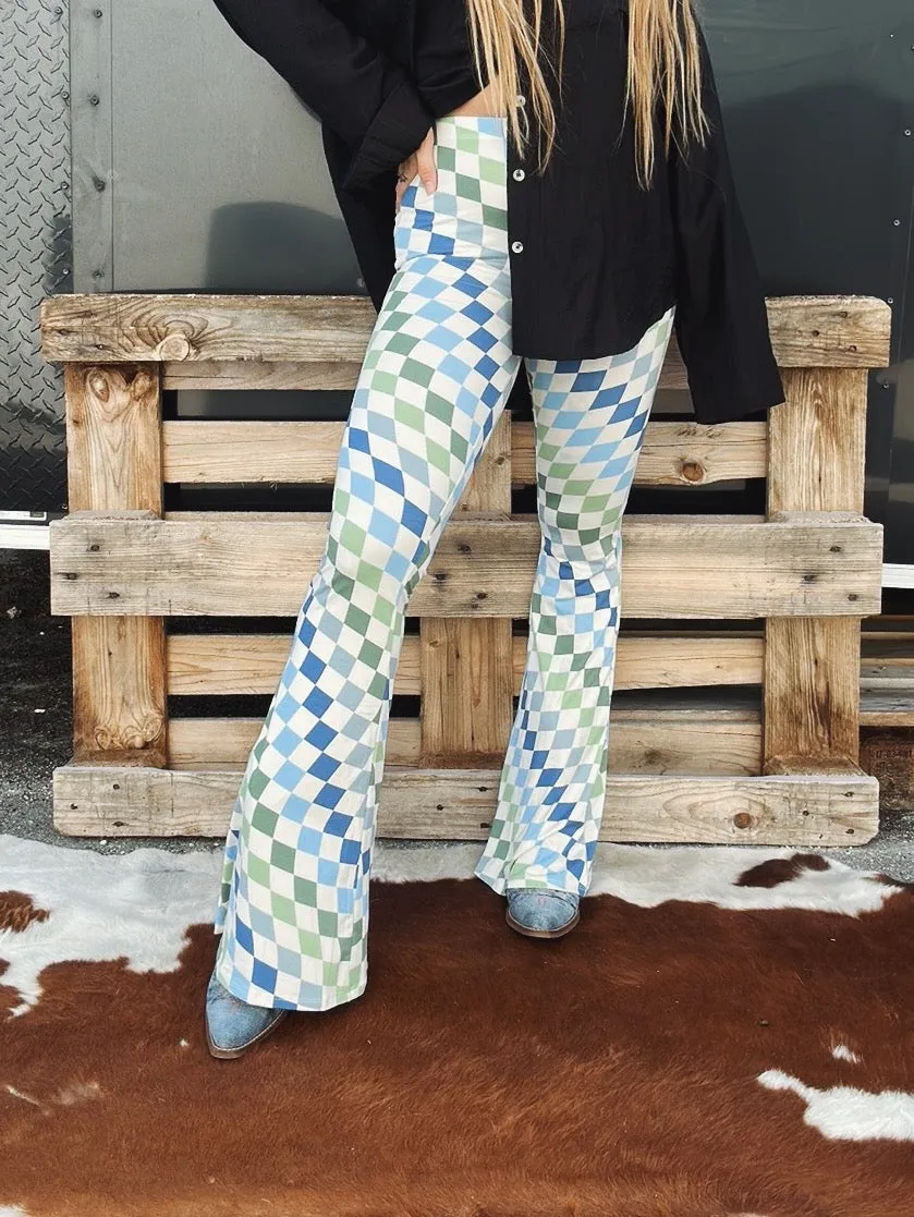 Check Me Out Multi Color Checkerboard Print Bell Bottom Flare Pants