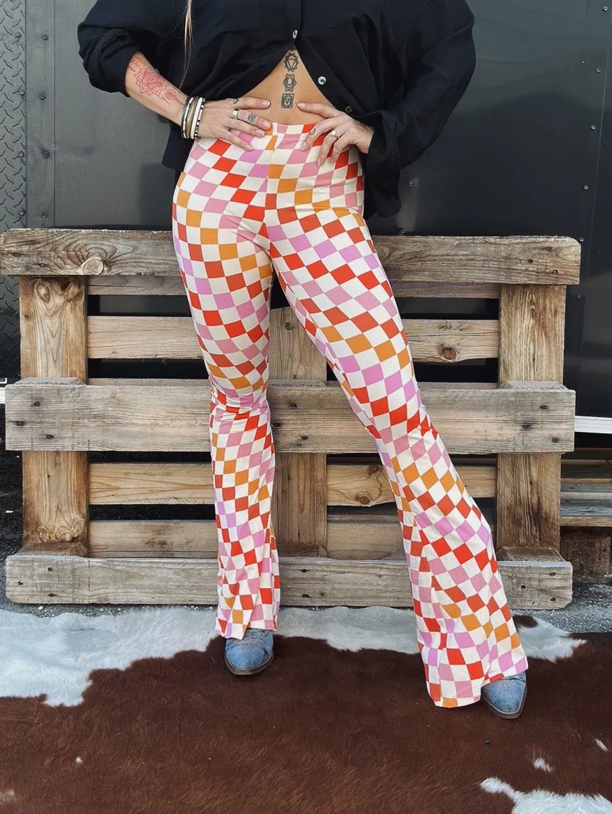 Check Me Out Multi Color Checkerboard Print Bell Bottom Flare Pants