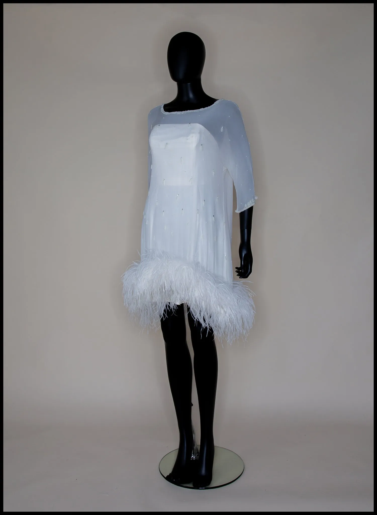 Clara - Beaded Silk Georgette Mini Dress with Ostrich Feather Hem - S