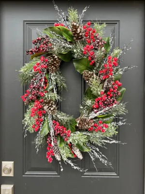 Classic Oval Christmas Wreath with Magnolia and Flocked Snow