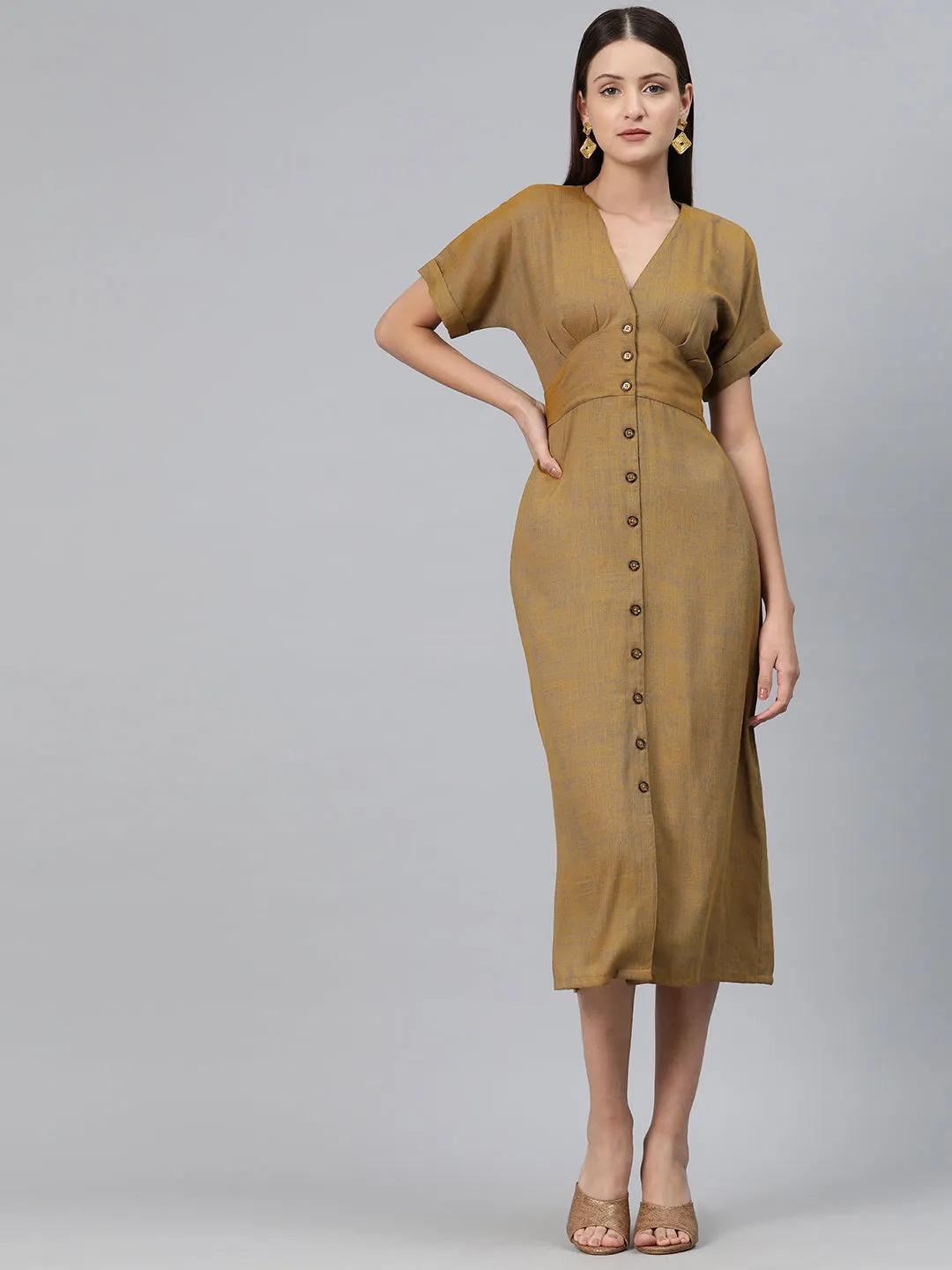 Cottinfab Women A-Line Midi Dress with Tie-Up Detail