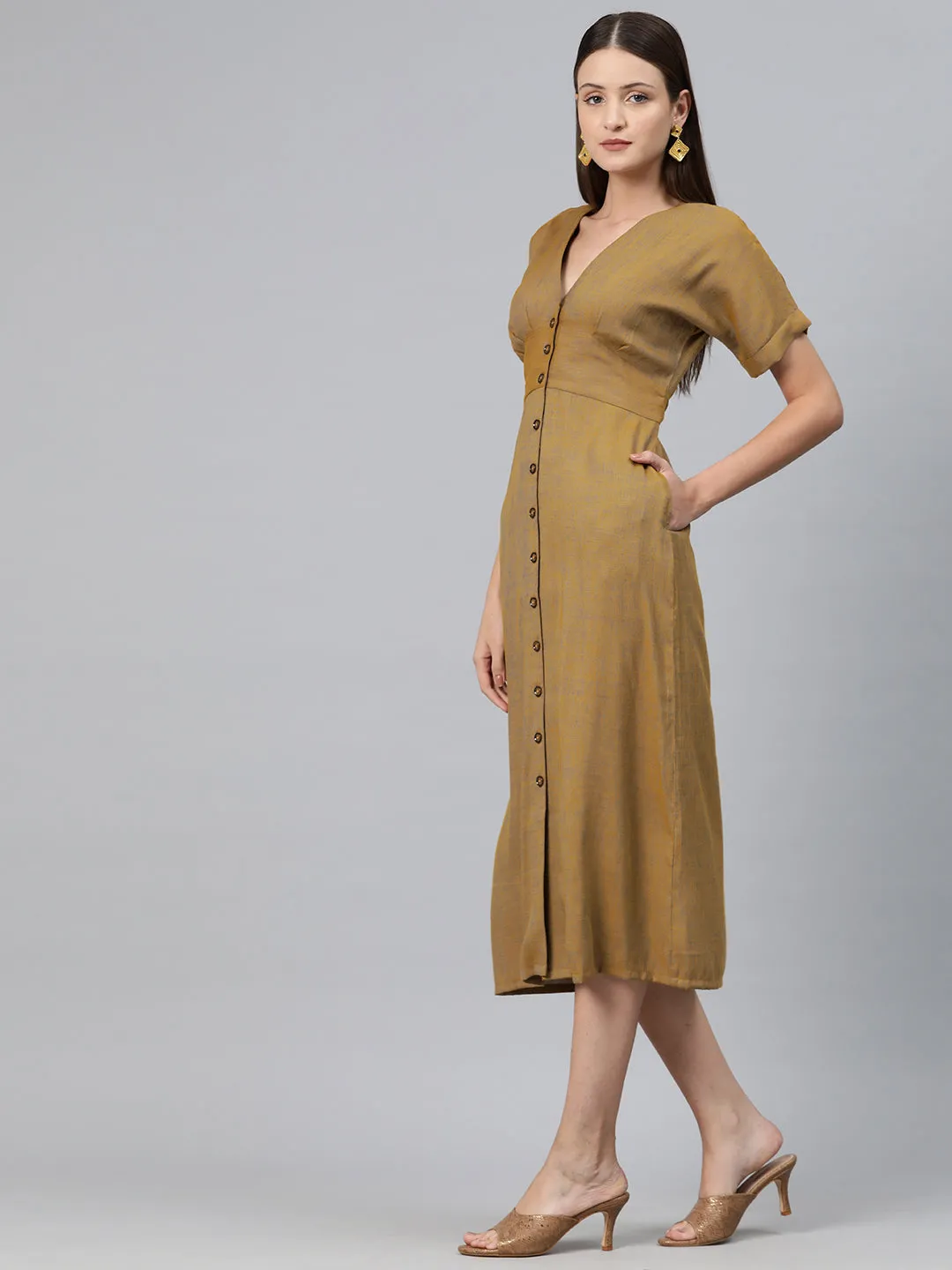 Cottinfab Women A-Line Midi Dress with Tie-Up Detail