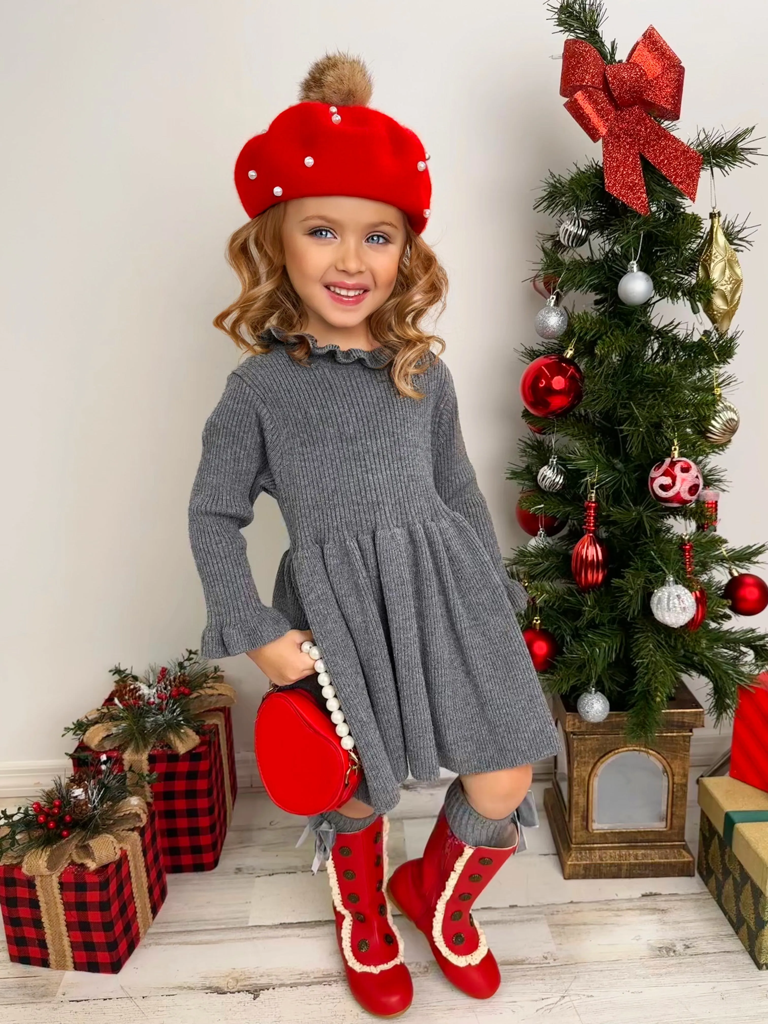 Cozy Holiday Grey Ruffle Knit Sweater Dress