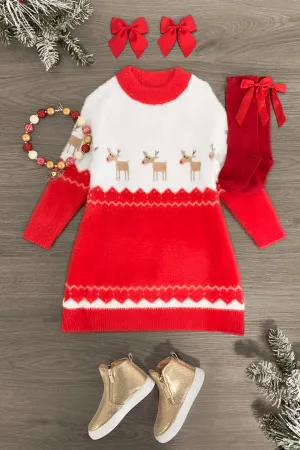 Cozy Red & White Reindeer Sweater Dress