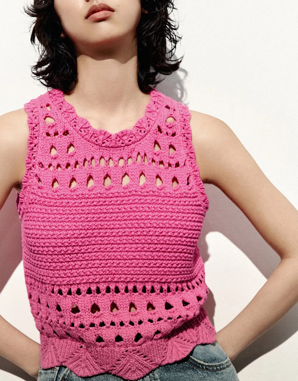 Crew Neck Crochet Knitted Vest