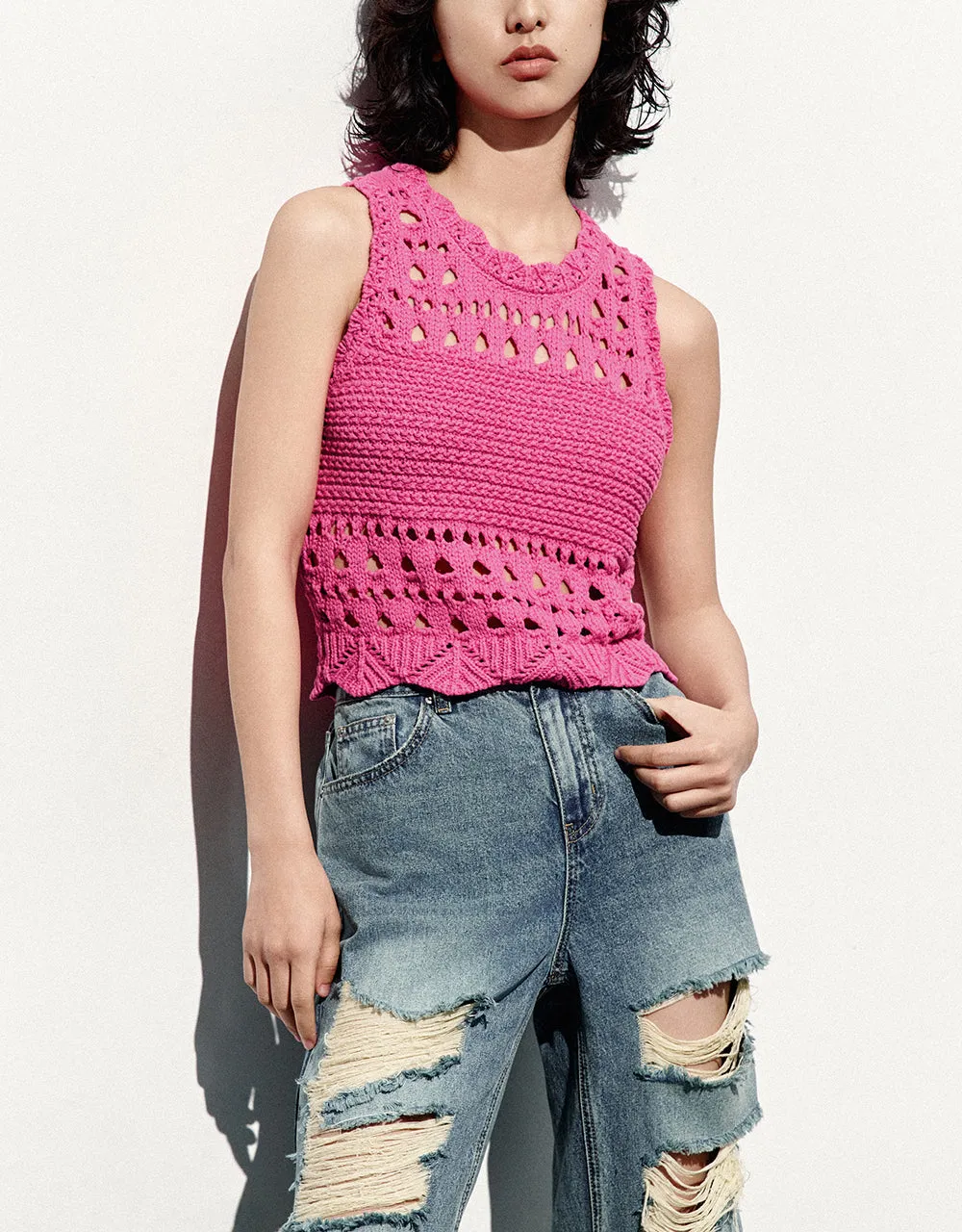 Crew Neck Crochet Knitted Vest