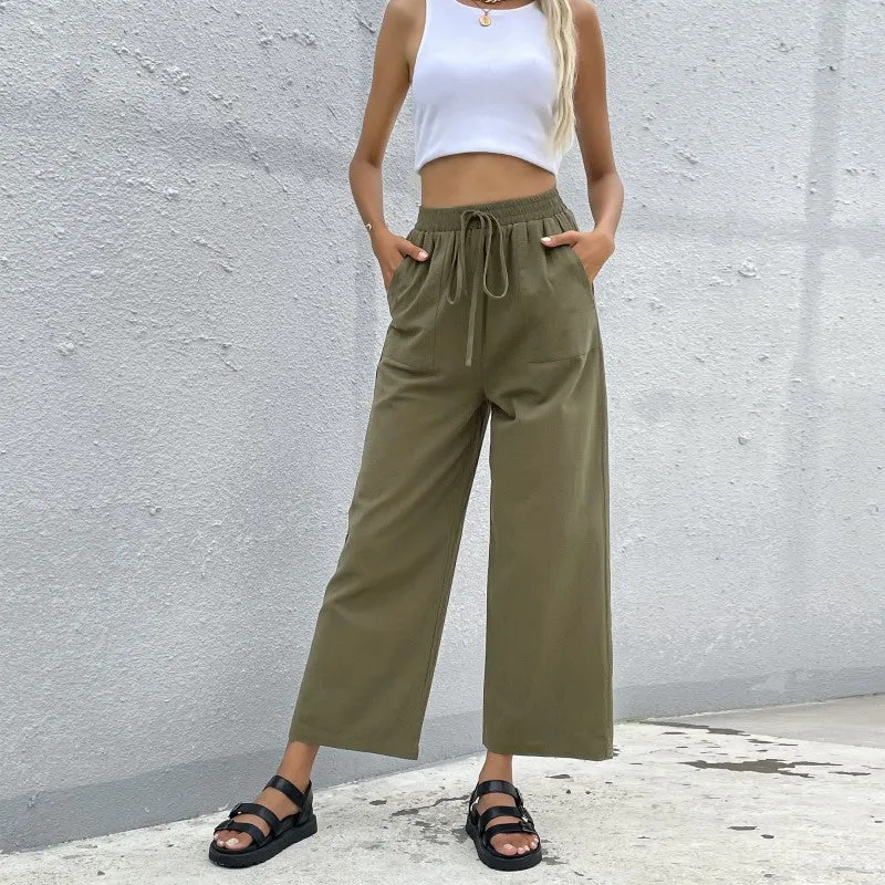 Drawstring Loose Solid Color Cotton Wide-Leg Pants Women Wholesale