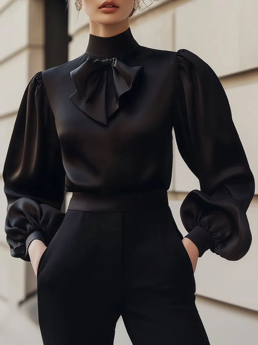 Elegant Black Satin Blouse with Bow Detail