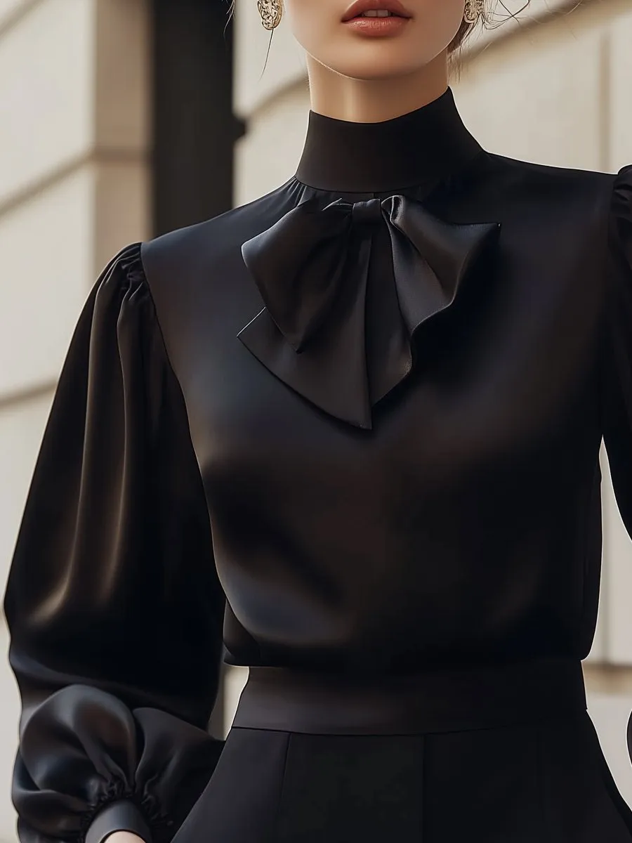 Elegant Black Satin Blouse with Bow Detail