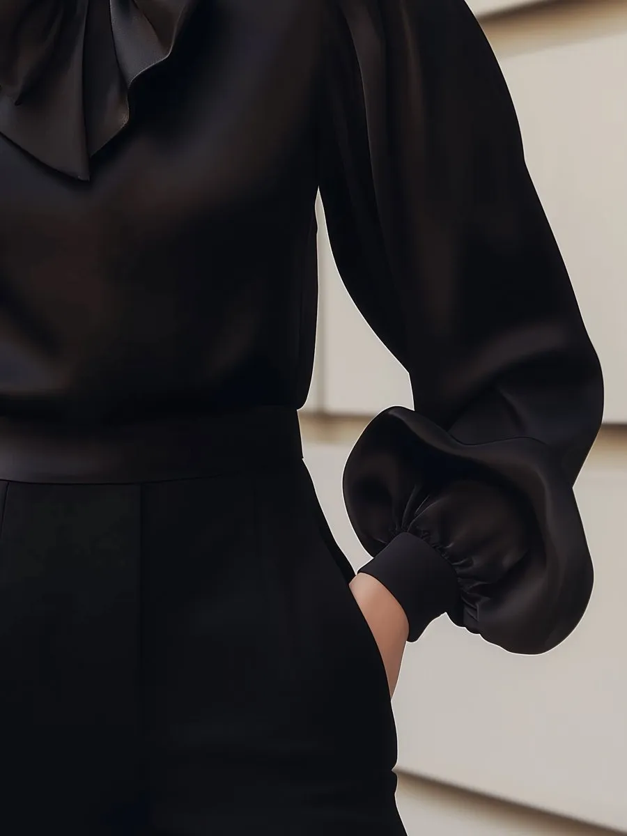 Elegant Black Satin Blouse with Bow Detail