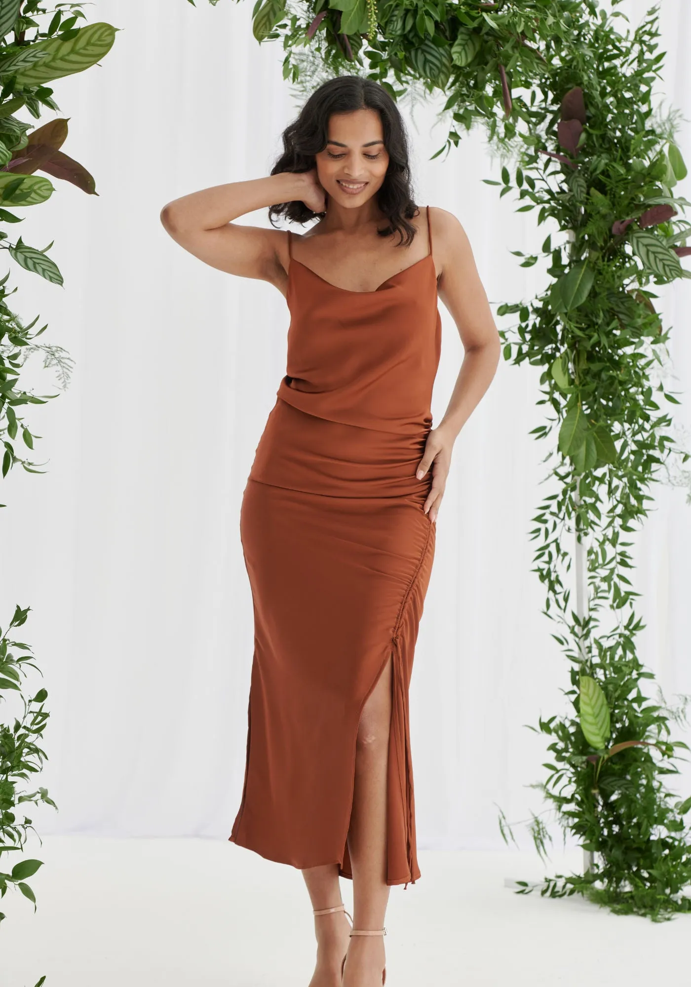 Estelle Ruched Satin Slip Dress - Rust