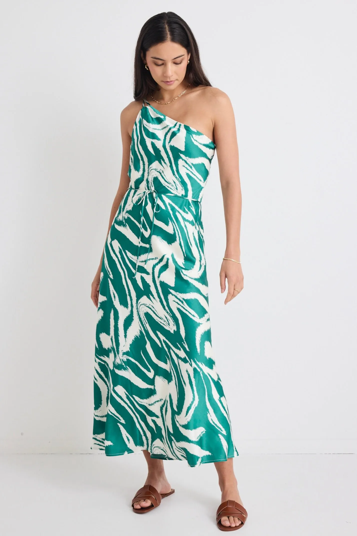 Fame Green Zebra Satin One Shoulder Bias Slip Dress